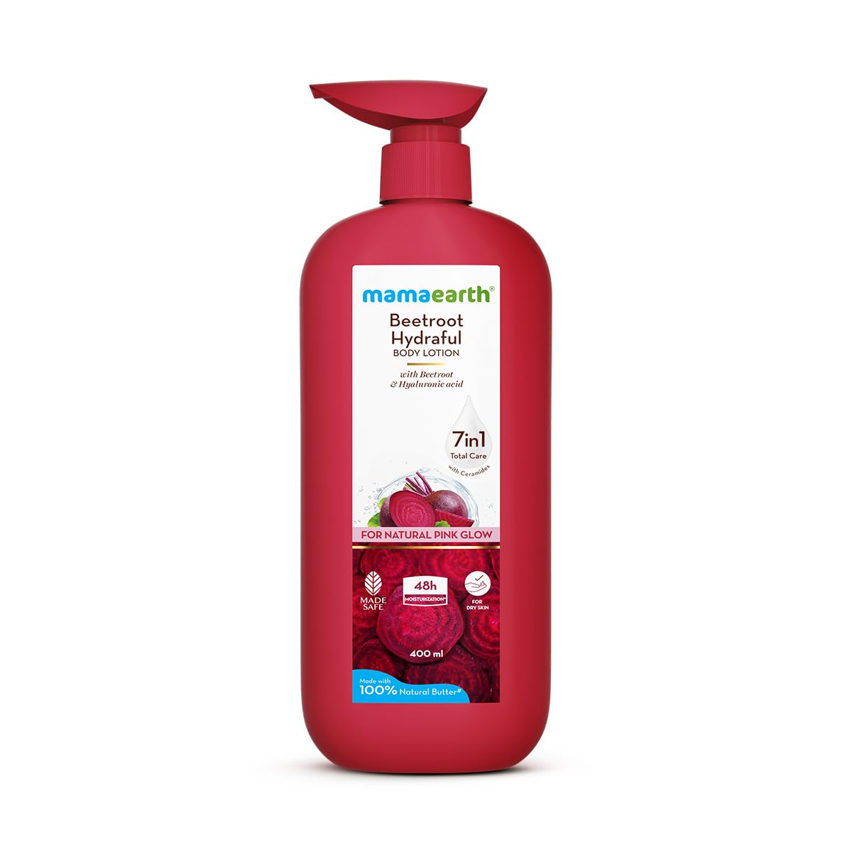 Mamaearth Beetroot Hydraful Body Lotion with Beetroot & Hyaluronic Acid & for Natural Pink Glow - 400 ml Beetroot + Hyaluronic Acid for Deep Hydration | 48 hrs* Moisturization & Barrier Repair | Alcohol & Petrolatum free | Made Safe Approved
