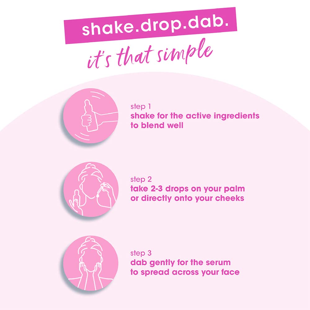 Instructions for using a skincare product with steps and icons on a pink background