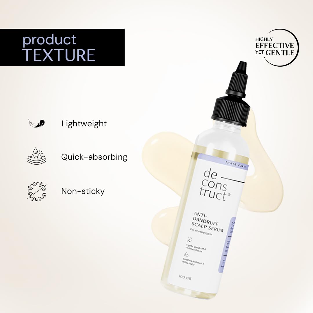 Deconstruct Anti-Dandruff Scalp Serum bottle with product texture features on a light background