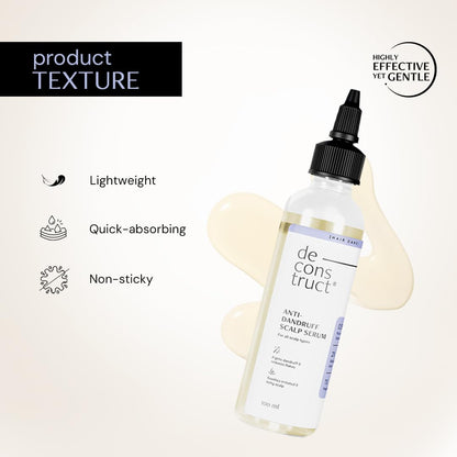 Deconstruct Anti-Dandruff Scalp Serum bottle with product texture features on a light background