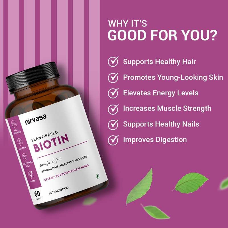 Nirvasa Plant-Based Biotin Tablets (60 Tabs) | Hair, Skin & Nail Support | Hair Fall Control, Glowing Skin, Stronger Nails | Improve Energy, Strength & Overall Health | For Men & Women