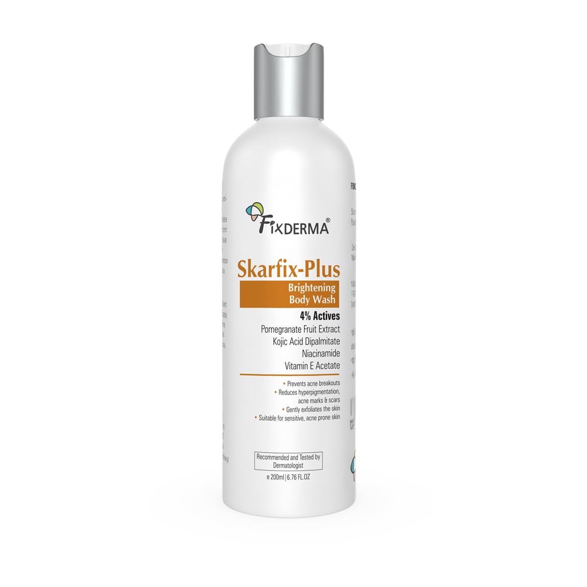 Fixderma Skarfix Plus Brightening Body Wash with 4% Actives (Kojic Acid, Niacinamide Acid, & Vitamin E) | Skin Brightening Body Wash Shower Gel Women & Men | For Hyperpigmentation & Acne Marks - 200ml