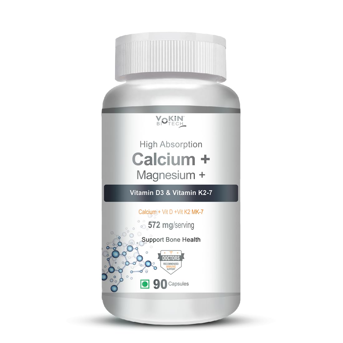 Vitamin supplement bottle with calcium, magnesium, vitamin D3, and vitamin K2-7 on a white background