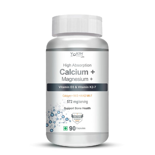 Vitamin supplement bottle with calcium, magnesium, vitamin D3, and vitamin K2-7 on a white background