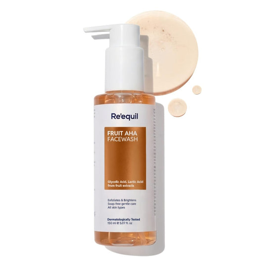 Re'equil Fruit AHA Facewash bottle with pump on a white background