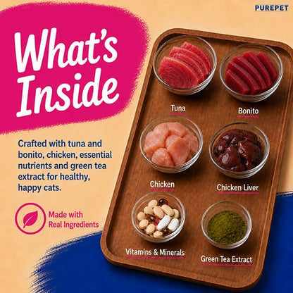 Purepet Creamy Lickable Cat Treats(15g x 24 Pieces) 360g | Tuna & Bonito Flavour | Rich in Protein | Taurine for Heart & Vision | Ideal for Training | Promotes Hydration| for Kitten & Adult Cats