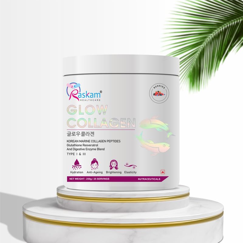 Raskam Glow Collagen supplement container on a white background with a palm leaf.