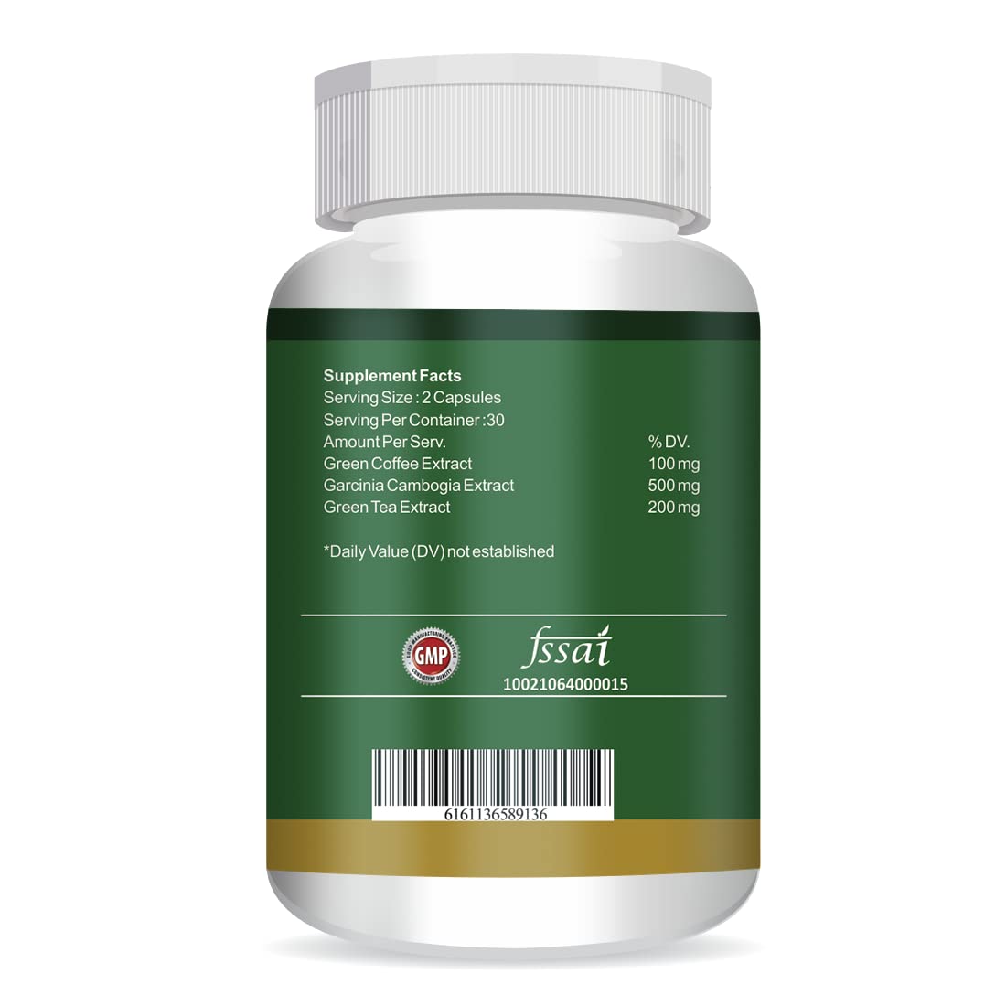 Supplement bottle with green label on a white background