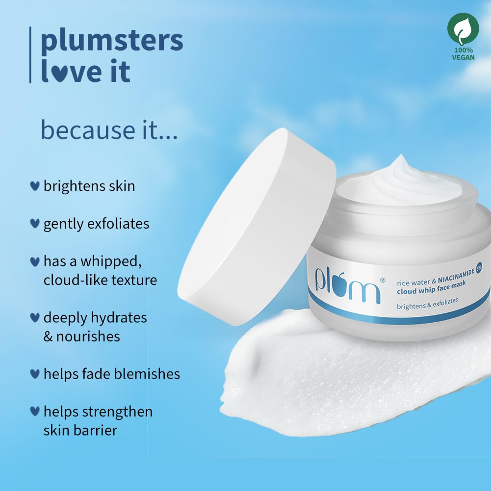 Plum 5% Niacinamide & Kaolin Clay Cloud Whip Face Mask with Rice water 50g | Removes excess oil, Brightens skin,Deeply hydrates