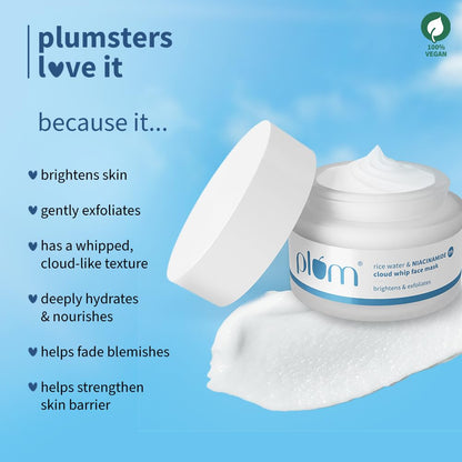 Plum 5% Niacinamide & Kaolin Clay Cloud Whip Face Mask with Rice water 50g | Removes excess oil, Brightens skin,Deeply hydrates