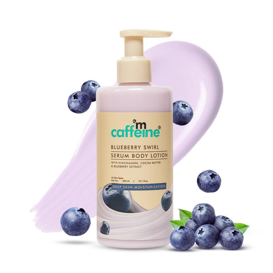 Caffeine Blueberry Swirl Serum Body Lotion with blueberries on a white background