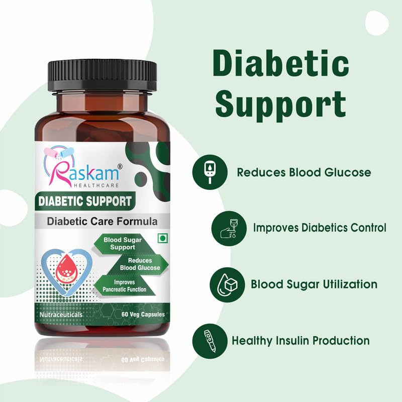 Raskam Diabetic Support supplement bottle with features listed on a green background