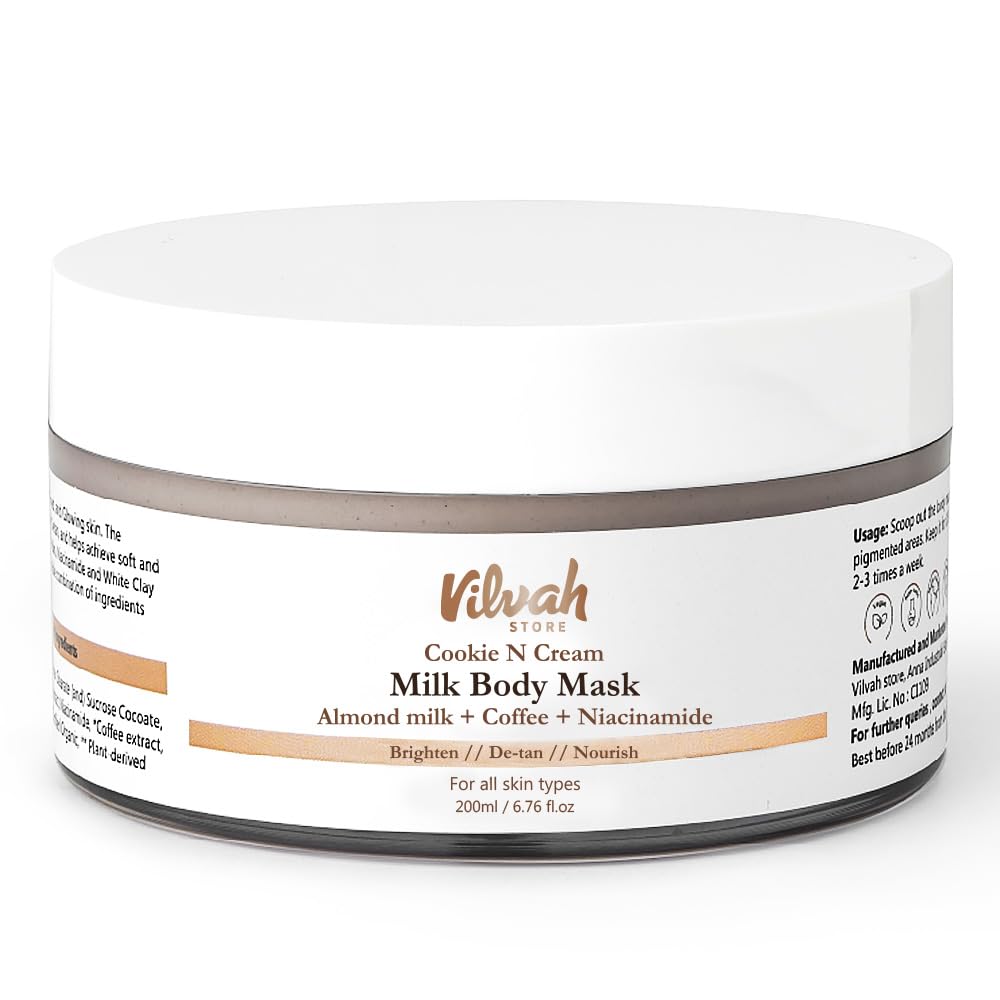 Vilvah Cookie N Cream Body Mask | Tan Removal & Brightening Body Pack | Reduces Pigmentation, Dark Patches & Body Acne | With Almond Milk, Coffee, Niacinamide & Kaolin Clay | 200ml