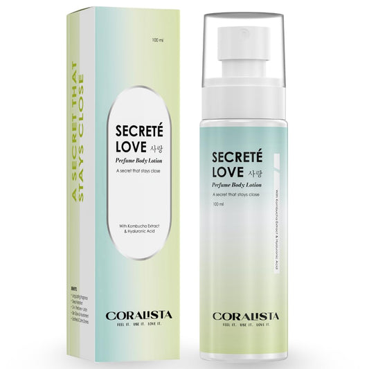 Secreté Love perfume body lotion with packaging on a white background
