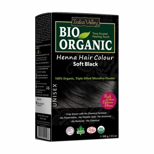 Box of Indus Valley Bio Organic Henna Hair Colour Soft Black on a white background