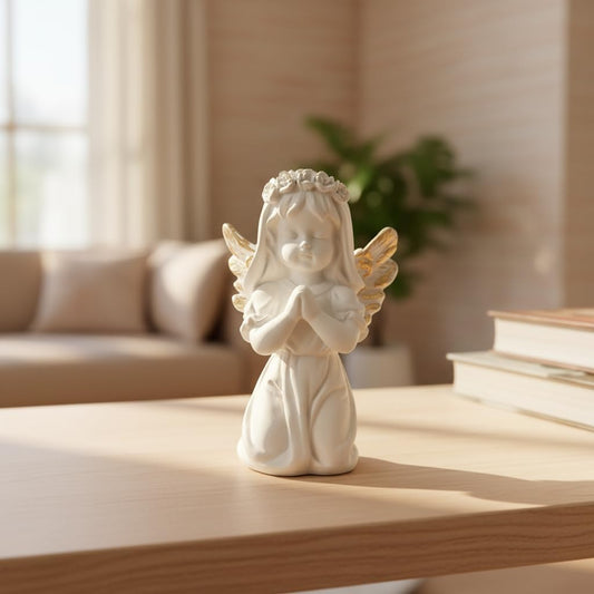 HOMEARTE INDIA Praying Baby Angel Showpiece Premium Decorative Spiritual Marble Finish Showpiece with Folding Metal Stand for Home Decor, Living Room, Office Desk