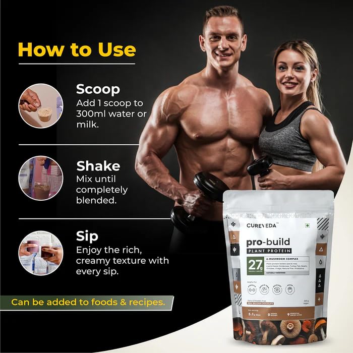 Protein powder packaging with usage instructions and a couple holding dumbbells on a dark background