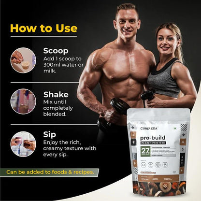 Protein powder packaging with usage instructions and a couple holding dumbbells on a dark background