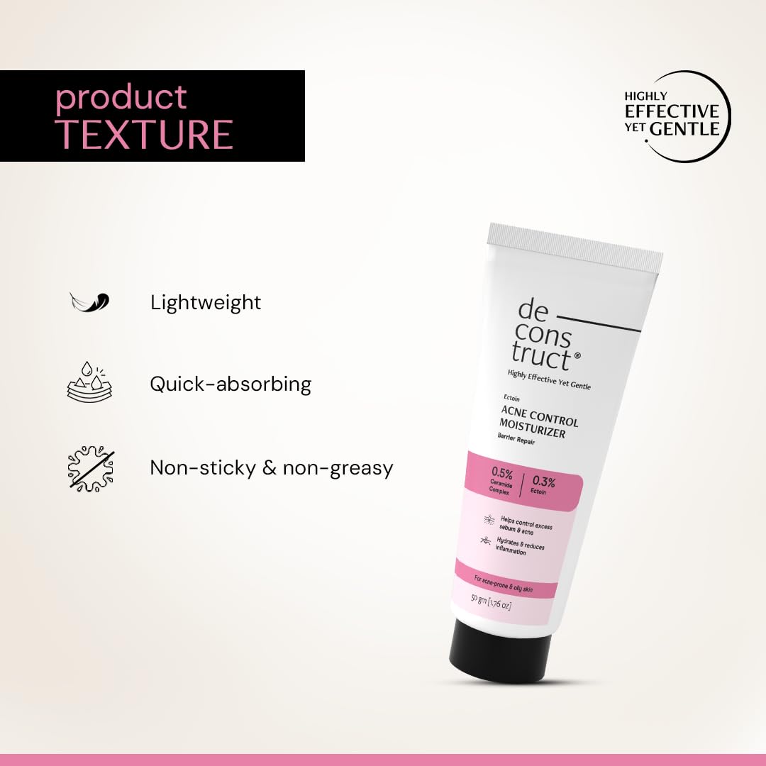 Tube of de construct acne control moisturizer with product texture features on a white background