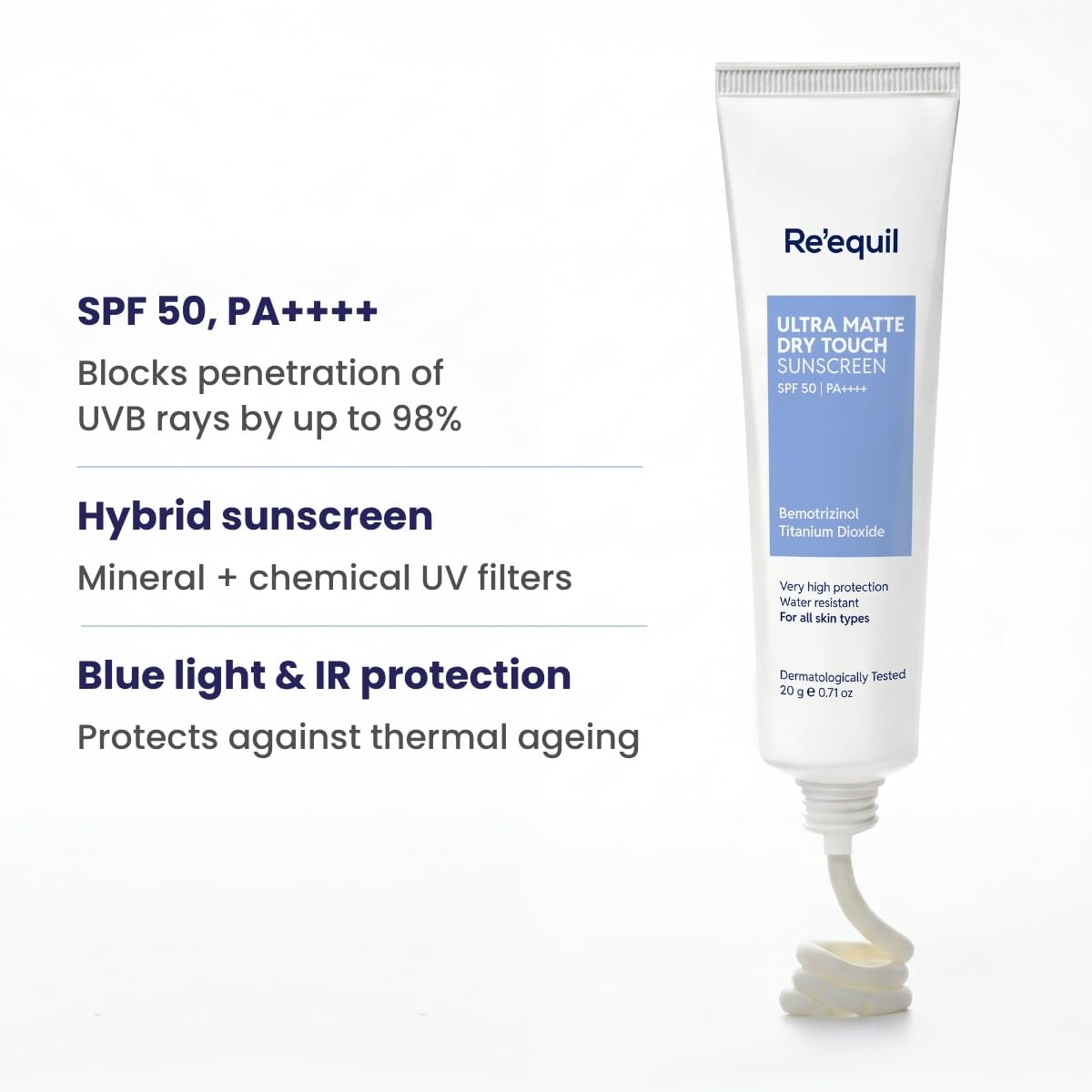 Tube of Re'equil sunscreen with product details on a white background