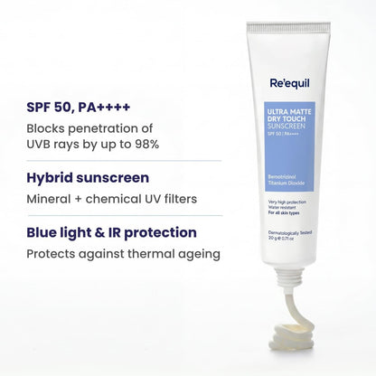 Tube of Re'equil sunscreen with product details on a white background