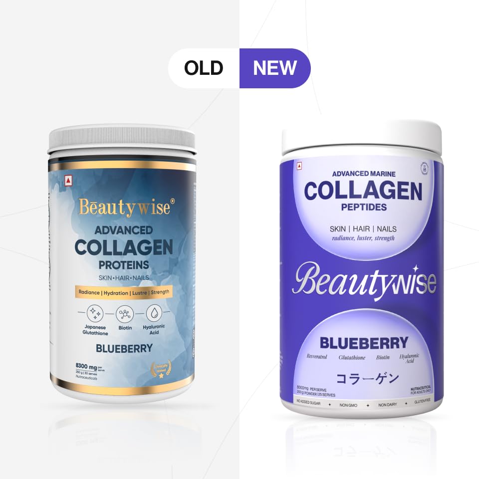Two containers of Beautywise collagen peptides with 'Old' and 'New' labels on a white background.