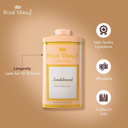 Royal Mirage Sandalwood Deodorizing Talc | Silky Soft & Fresh Skin | Jasmine, Sandalwood & Vanilla Notes | Perfumed Talc | Long-Lasting Comfort & Fragrance | Talcum Powder for Women | 250gm