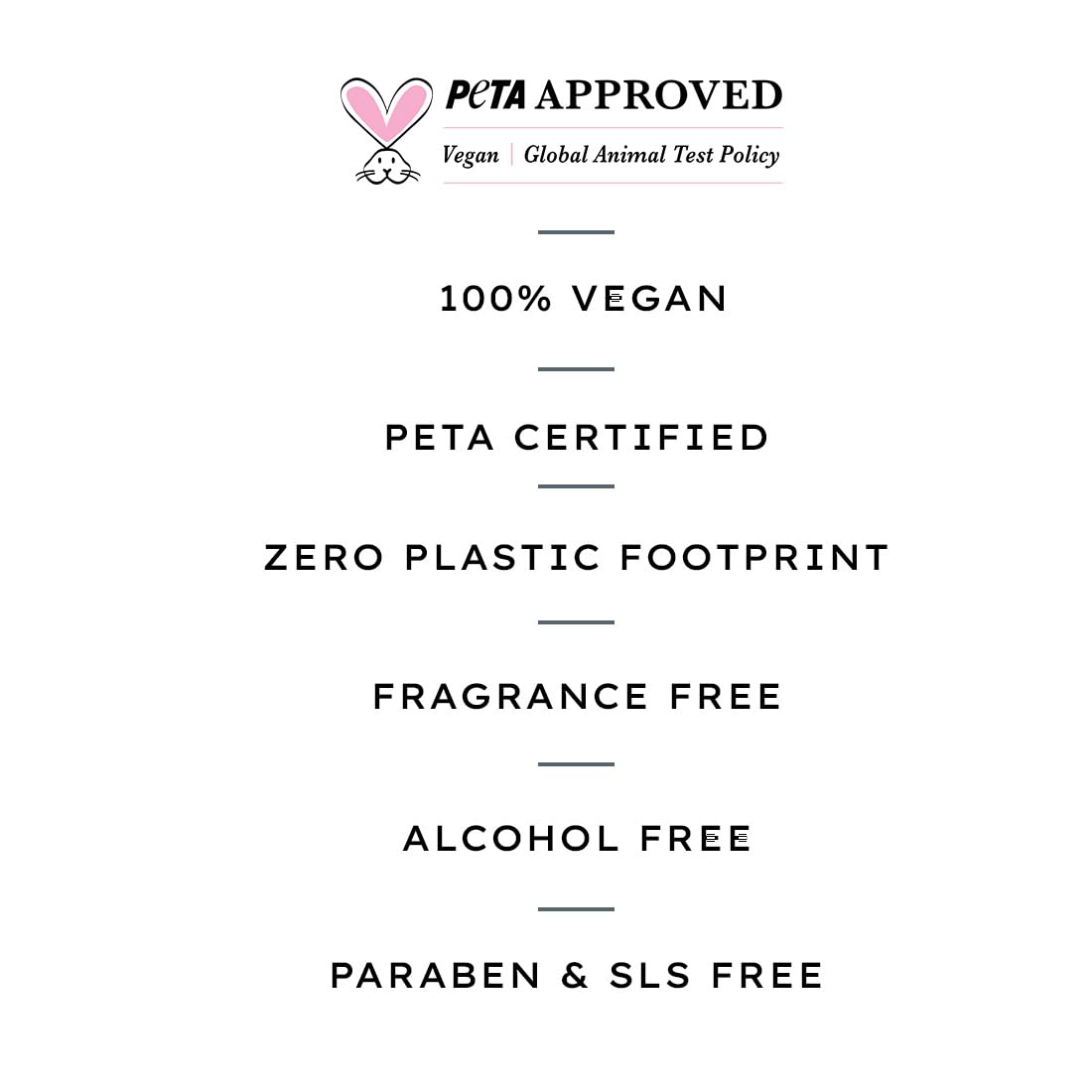 List of product features with PETA certification on a white background