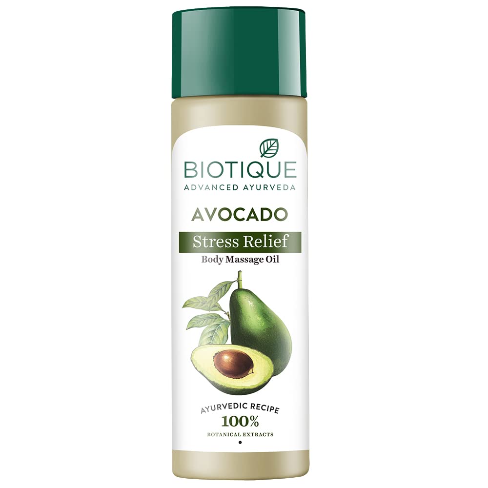 Biotique Avocado Stress Relief body massage oil bottle on a white background