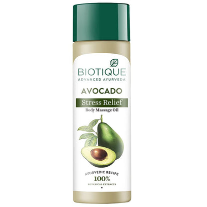 Biotique Avocado Stress Relief body massage oil bottle on a white background