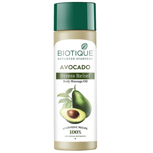 Biotique Avocado Stress Relief body massage oil bottle on a white background
