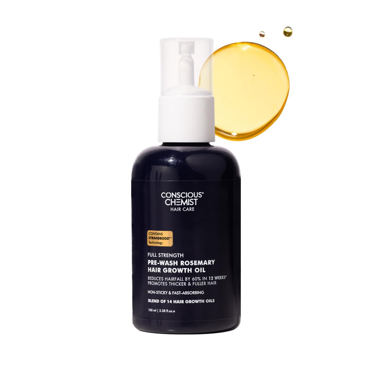 Conscious Chemist hair care product with a droplet of oil on a white background