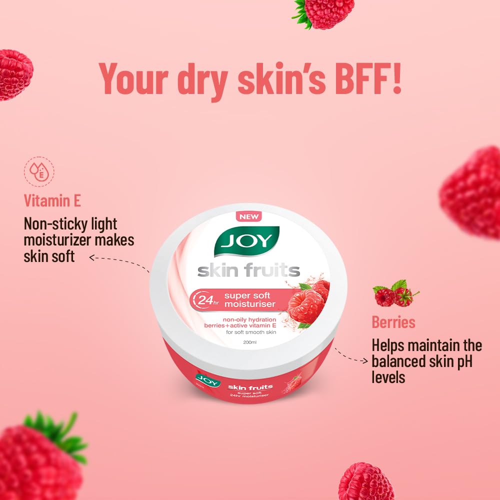 Joy Super Soft Cold Skin Cream for 24 Hr Moisturization - Berries (200ml) - Lightweight & Oil Free Moisturizer For Instant Hydration | Non Sticky & Non Greasy Cream for Hands, Face & Body