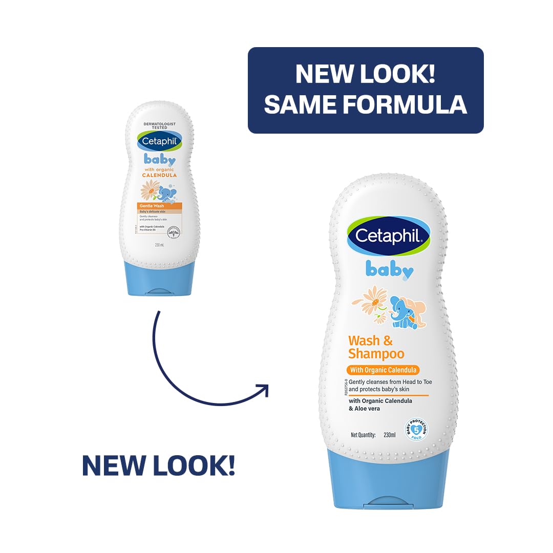 Cetaphil Baby Wash & Shampoo with Organic Calendula 230 ml | Gentle Daily Cleanser for Newborns & Babies | Hypoallergenic, Dermatologist Tested, Paraben-Free
