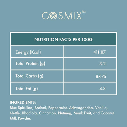 Nutrition facts label for a product by Cosmix on a blue background