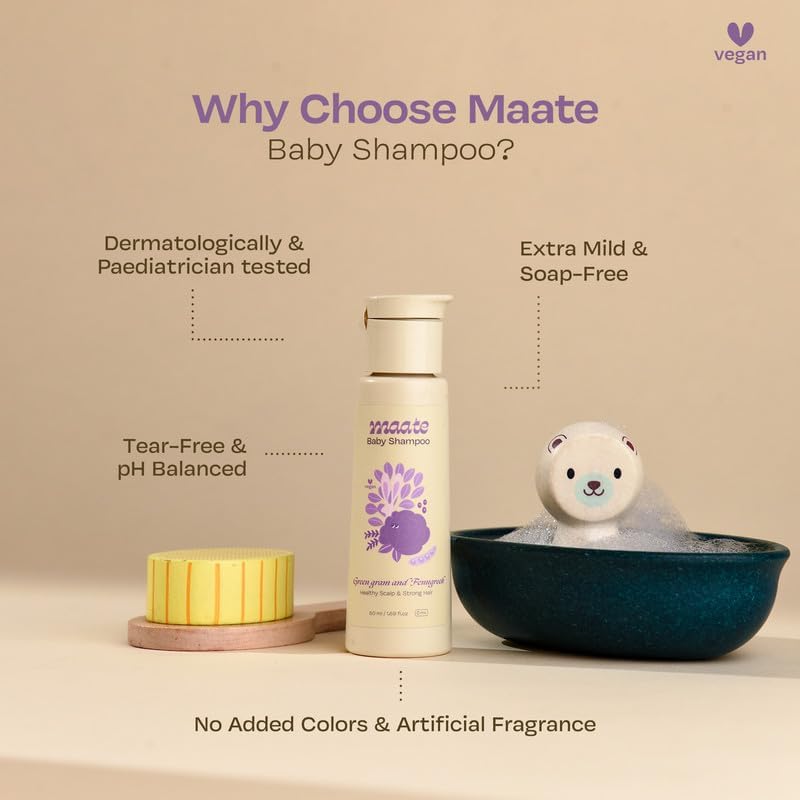 Maate Baby Shampoo | Kids Shampoo for Soft & Shiny Baby Hair | Sulphate Free Shampoo for Daily Use | pH Balanced, Soap Free & Tear-Free Mild Shampoo | Natural & Vegan (50 ml)