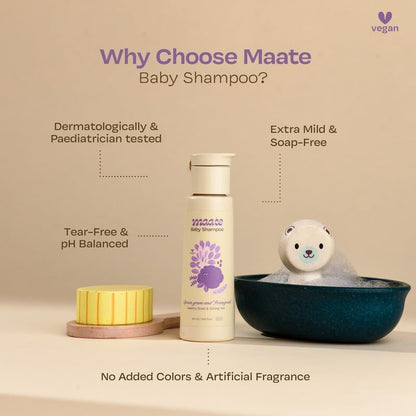 Maate Baby Shampoo | Kids Shampoo for Soft & Shiny Baby Hair | Sulphate Free Shampoo for Daily Use | pH Balanced, Soap Free & Tear-Free Mild Shampoo | Natural & Vegan (50 ml)
