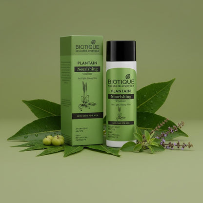 Biotique Plantain Nourishing skincare product with packaging on a green background