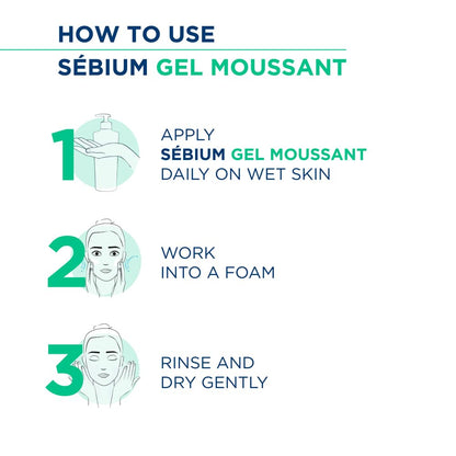 Instructions on how to use Sébium Gel Moussant with step-by-step icons and text.