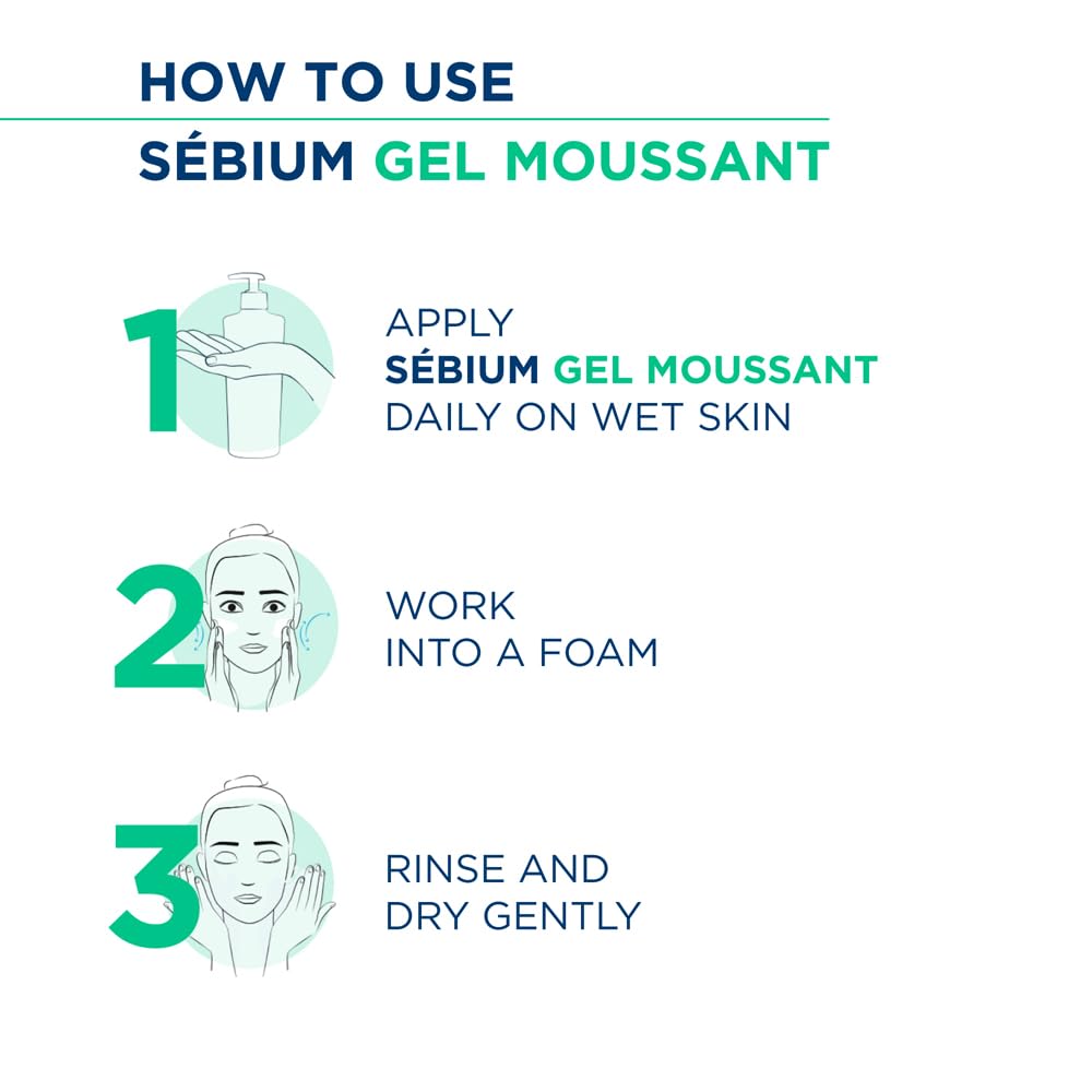 Instructions on how to use Sébium Gel Moussant with step-by-step icons and text.