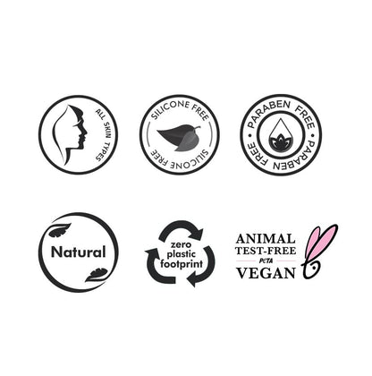 Set of black and white icons representing various product attributes on a white background.