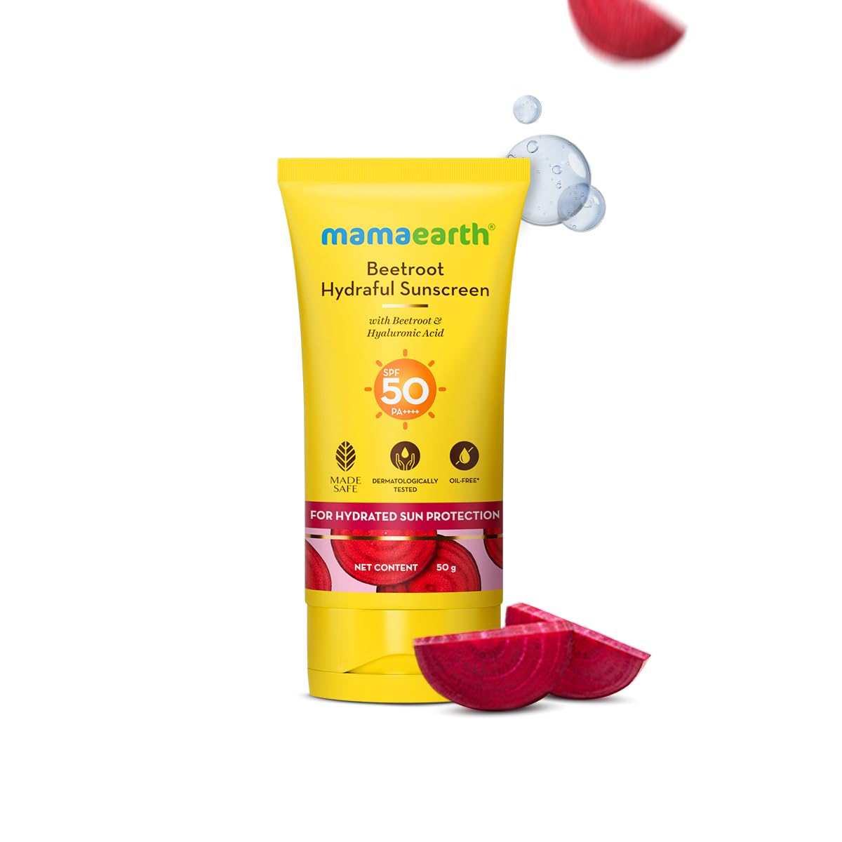 Mamaearth Beetroot Hydraful Sunscreen With Hyaluronic Acid | SPF 50 & PA++++ | UVA & B Protection | Tan Protection | Hydrates Skin | No white cast | For Oily, Combination & Dry Skin | 50 g