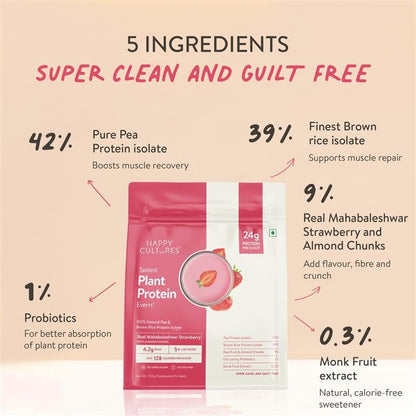 Happy Cultures Plant Protein 505g - Strawberry & Almond | 24g Protein | Vegan | Pea & Brown Rice Protein | No Added Sugar | Dairy Free | Probiotics | Easy Digestion | For Men & Women