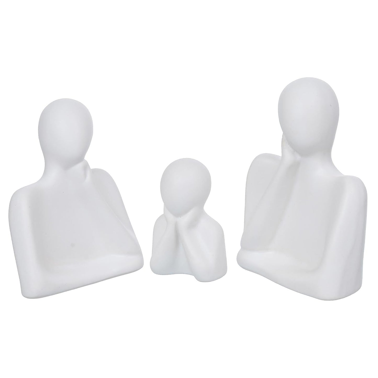 eCraftIndia Set of 3 White Ceramic Handcrafted Happy Family Statue Sculpture | Thinking Face People Figurines Home Decor Items Showpiece for Living Room Bedroom Table Shelf TV Unit | Gift for Birthday