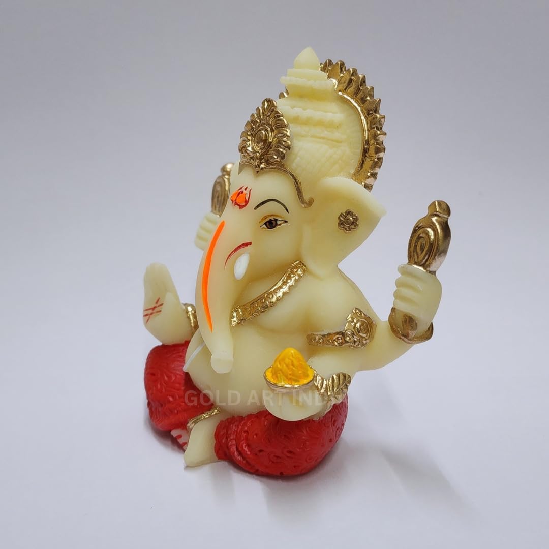 Gold Art India Peach Ivory 4-Hand Ganesha with Mukut for Home Decor Idol Ganesha Murti Ganpati Idol for car Dashboard Puja Lord Ganesh Statue Gift for Office Desk Puja Room Figurine