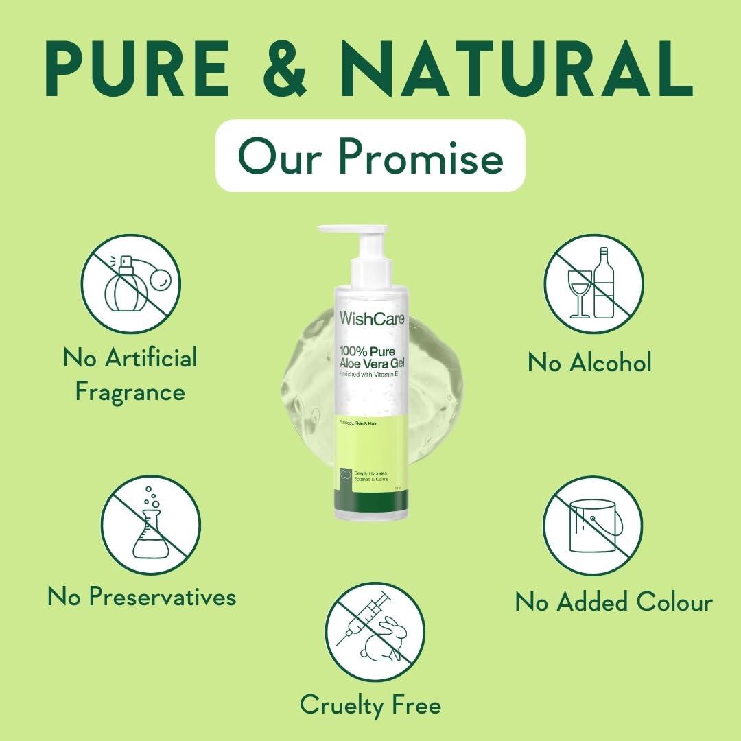 WishCare aloe vera gel bottle with 'Pure & Natural' promise on a green background