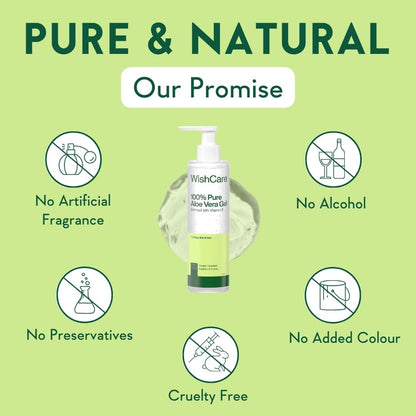 WishCare aloe vera gel bottle with 'Pure & Natural' promise on a green background