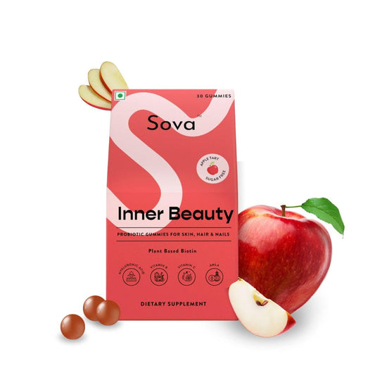 Sova Probiotic Plant Based Biotin Gummies | Acne Prevention & Glowing Skin | Prebiotics + 5 Billion CFUs Probiotics |10000 mcg Plant-Based Biotin, Hyaluronic Acid, Vitamin C, Amla | 30 Vegan Sugarless Gummies | Inner Beauty