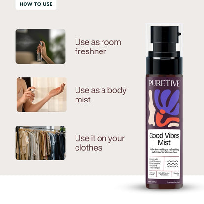 PURETIVE Good Vibes Mist bottle with usage instructions on a white background