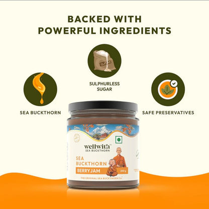 WellWith Sea Buckthorn Jam for Kids 250g, Pack of 1 | No Added Sugar | Made with Himalayan Sea Buckthorn Berries | Natural Fruit Spread for Bread, Toast, Pancakes & Sandwiches | Ideal For Breakfasts and Snacks.